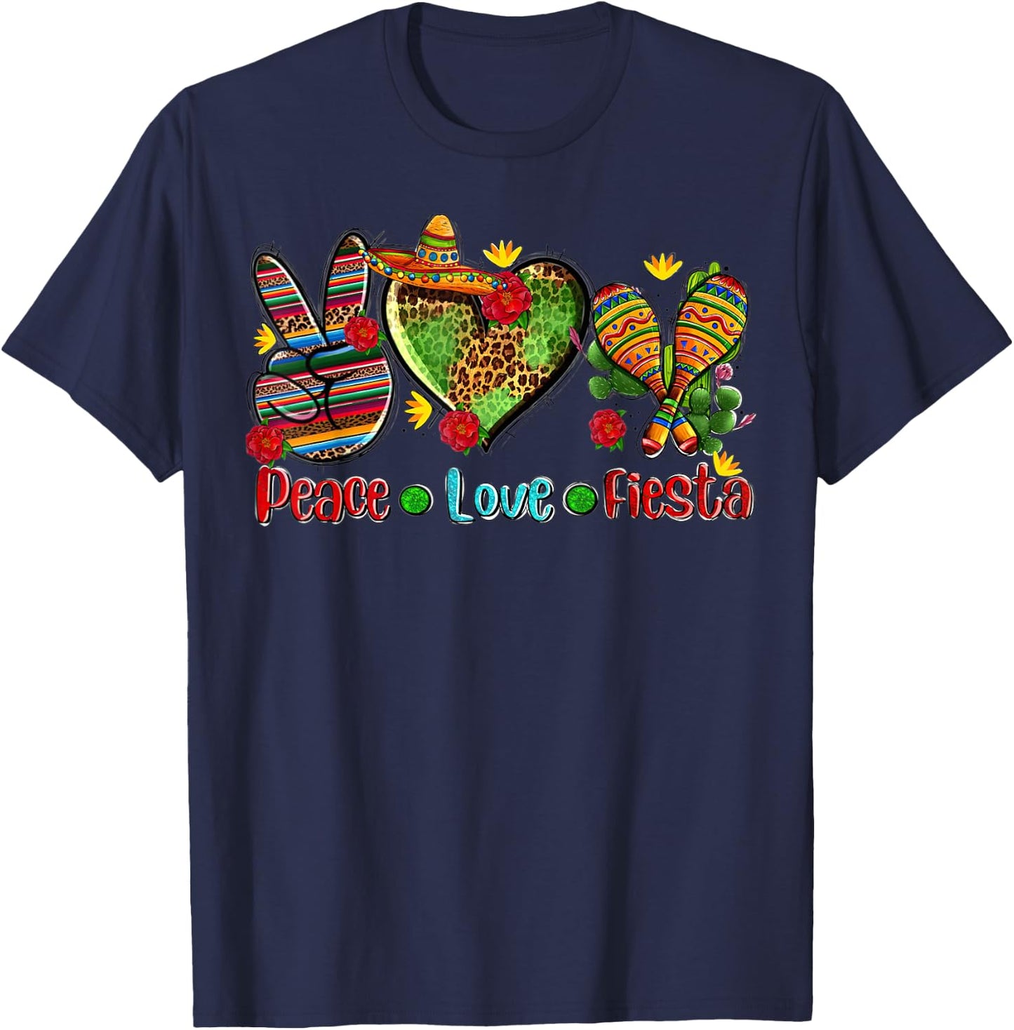 Peace Love Fiesta Heart Leopard Mexican Cinco De Mayo Party T-Shirt - T-Shirt | Navy