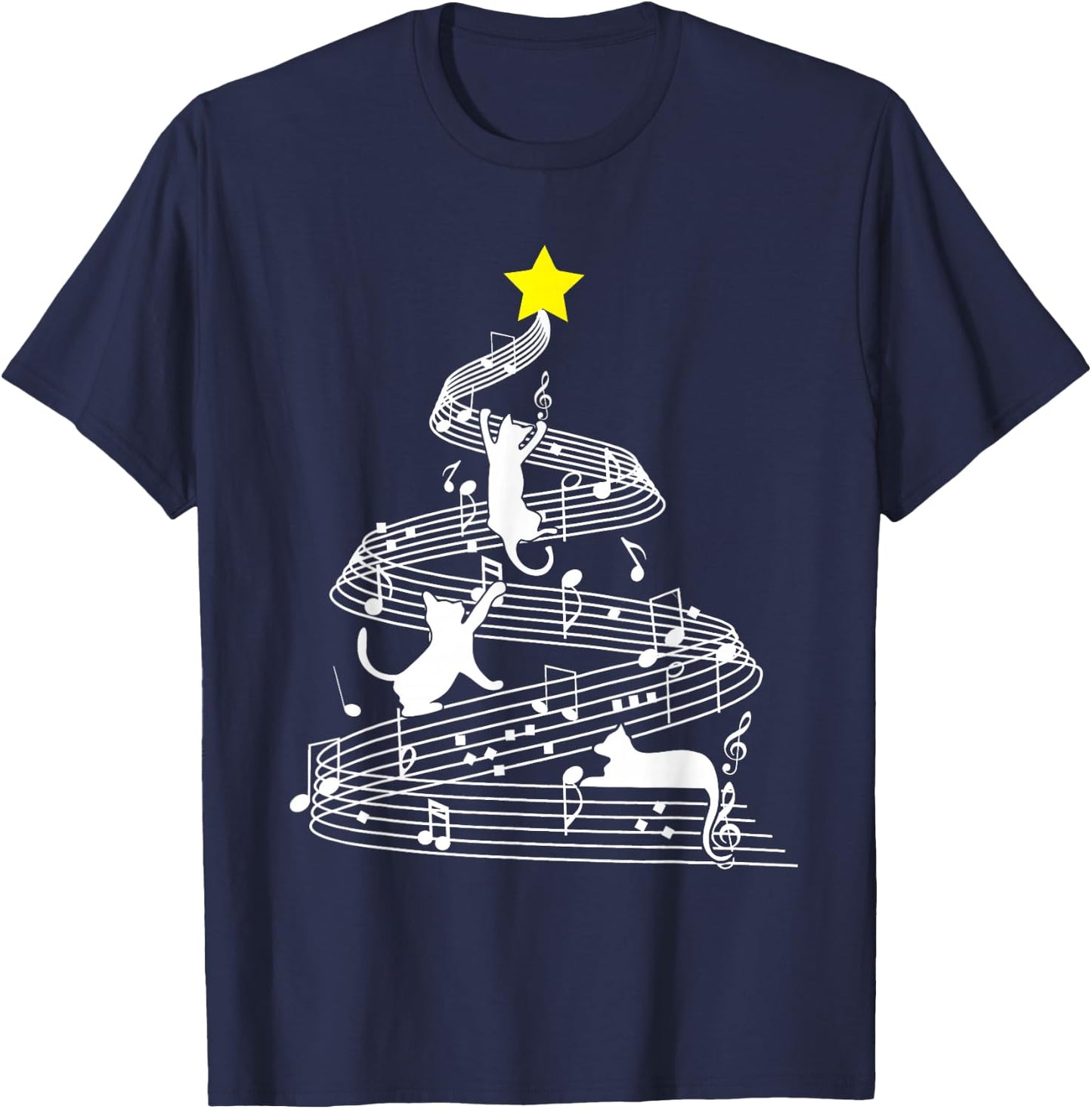 Cat Music Christmas Musician Feline Lover Xmas Pajamas T-Shirt - T-Shirt | Navy