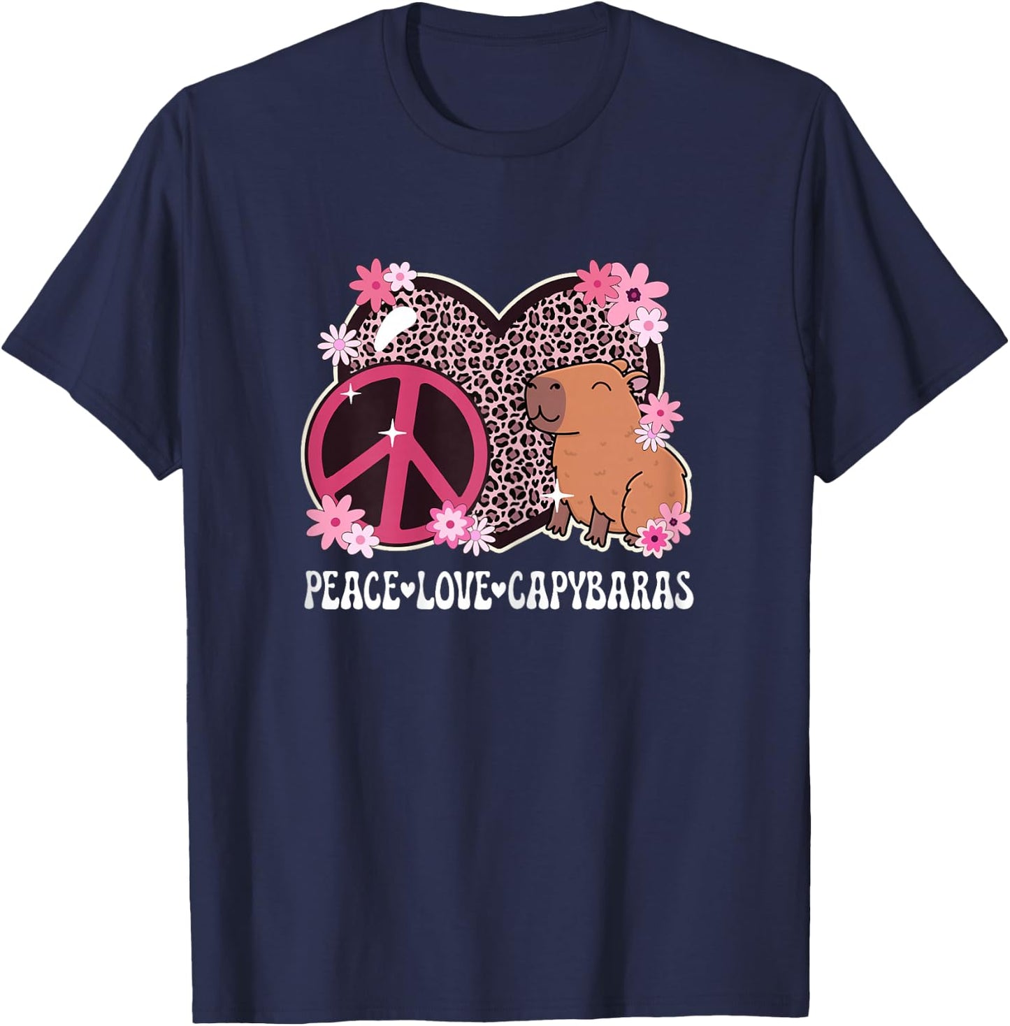 Peace Love Capybaras Leopard Print Women Cute Capybara Lover T-Shirt - T-Shirt | Navy