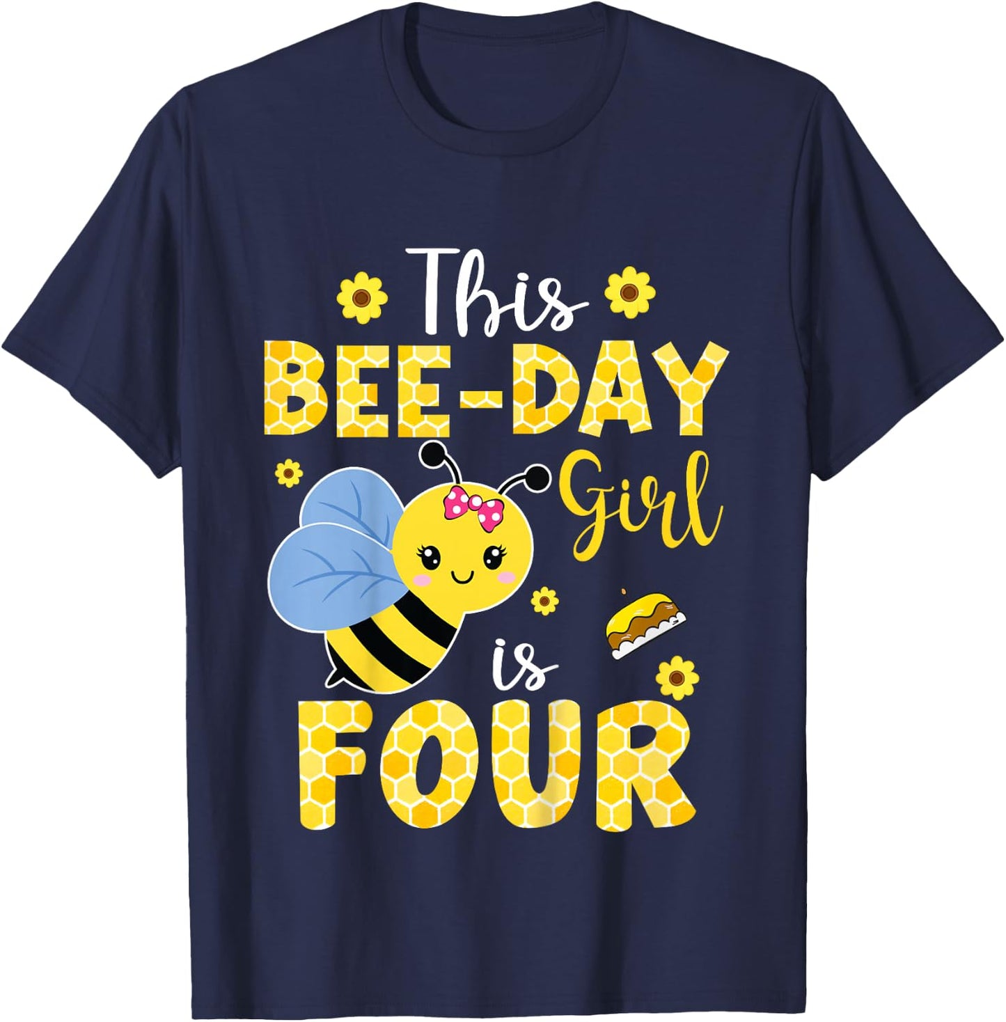 This Bee-Day Girl Is Four 4 Years Old 4th Birthday Kids T-Shirt - T-Shirt | Navy