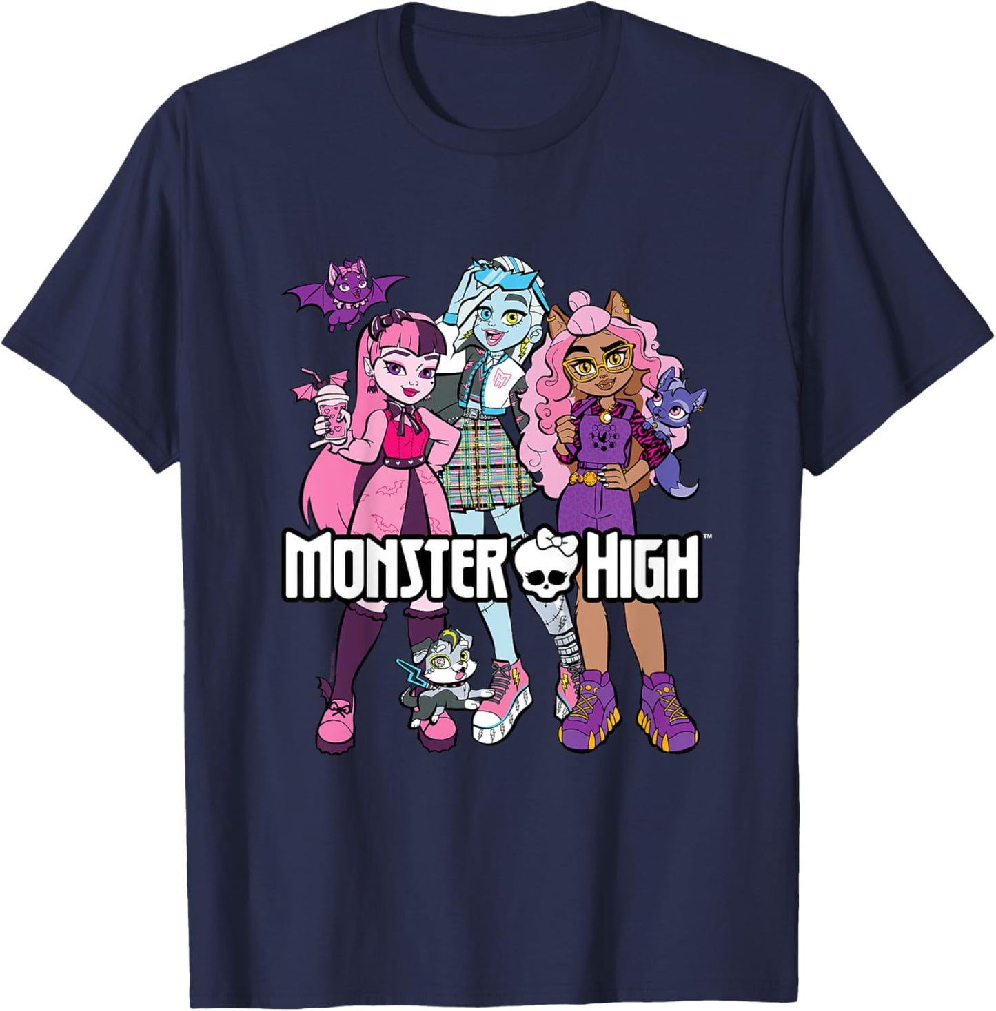 Kinder Monster High - Student - Gruppe mit Haustieren T-Shirt - T-Shirt | Navy