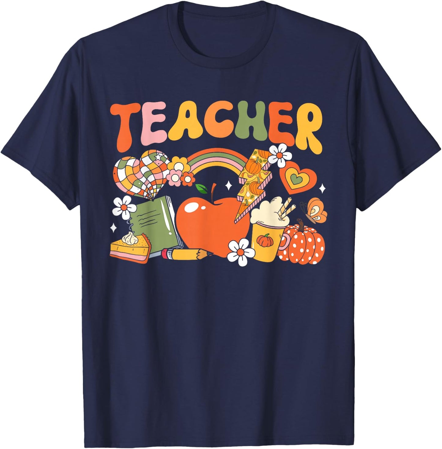 Teacher Fall Autumn Pumpkin Thanksgiving Thankful Teacher Men Women Kids T-Shirt - T-Shirt | Navy