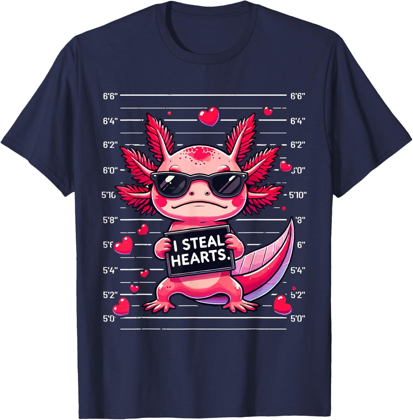 Cute Axolotl I Steal Hearts Mugshot Funny Valentine Quote T-Shirt - T-Shirt | Navy