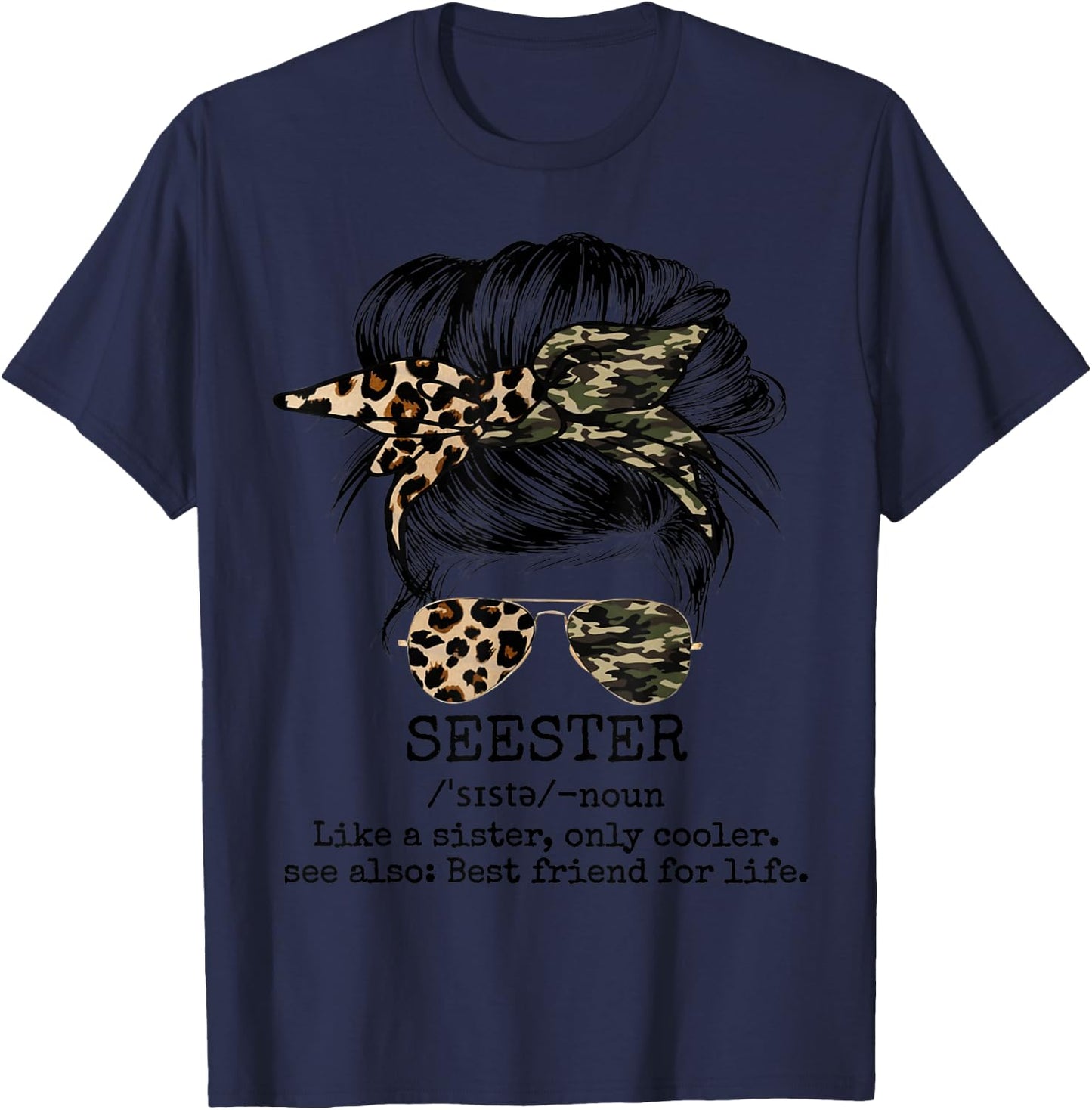 Seester Definition Messy Bun Camo Cheetah T-Shirt - T-Shirt | Navy