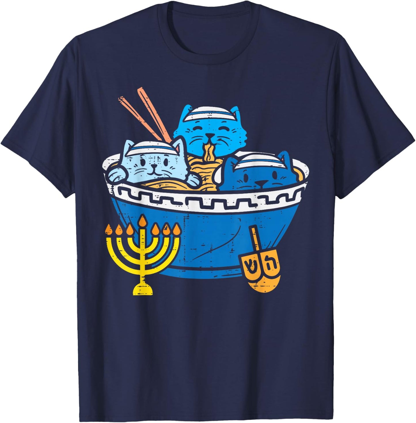 Jewish Cats Ramen Kitten Anime Hanukkah Pajamas Chanukah PJs T-Shirt - T-Shirt | Navy