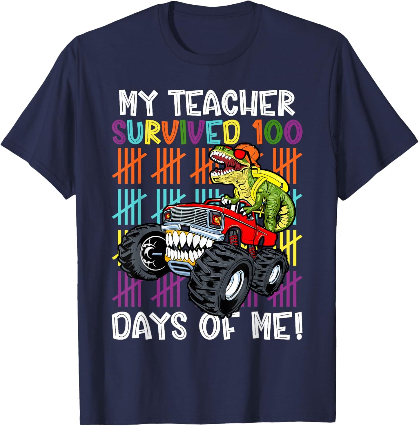 100th Day Of School My Teacher Survived 100 Days Dinosaur T-Shirt - T-Shirt | Navy
