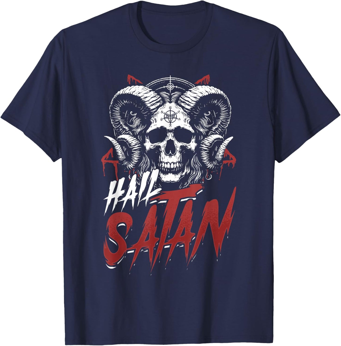 Hail Satan Skull Horns Occult Satanism Symbol T-Shirt - T-Shirt | Navy