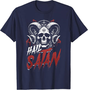 Hail Satan Skull Horns Occult Satanism Symbol T-Shirt - T-Shirt | Navy