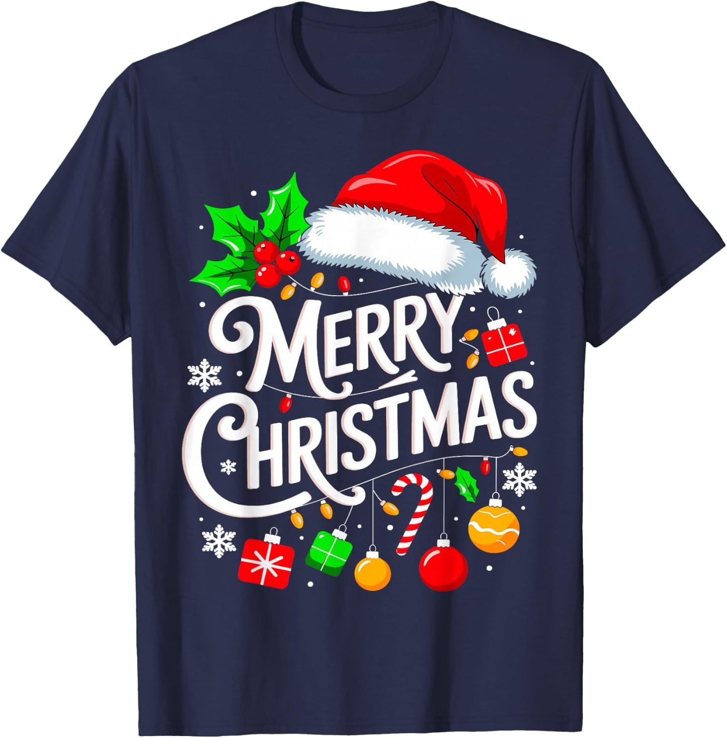 Merry Christmas Lights Family Santa Hat Xmas T-Shirt - T-Shirt | Navy