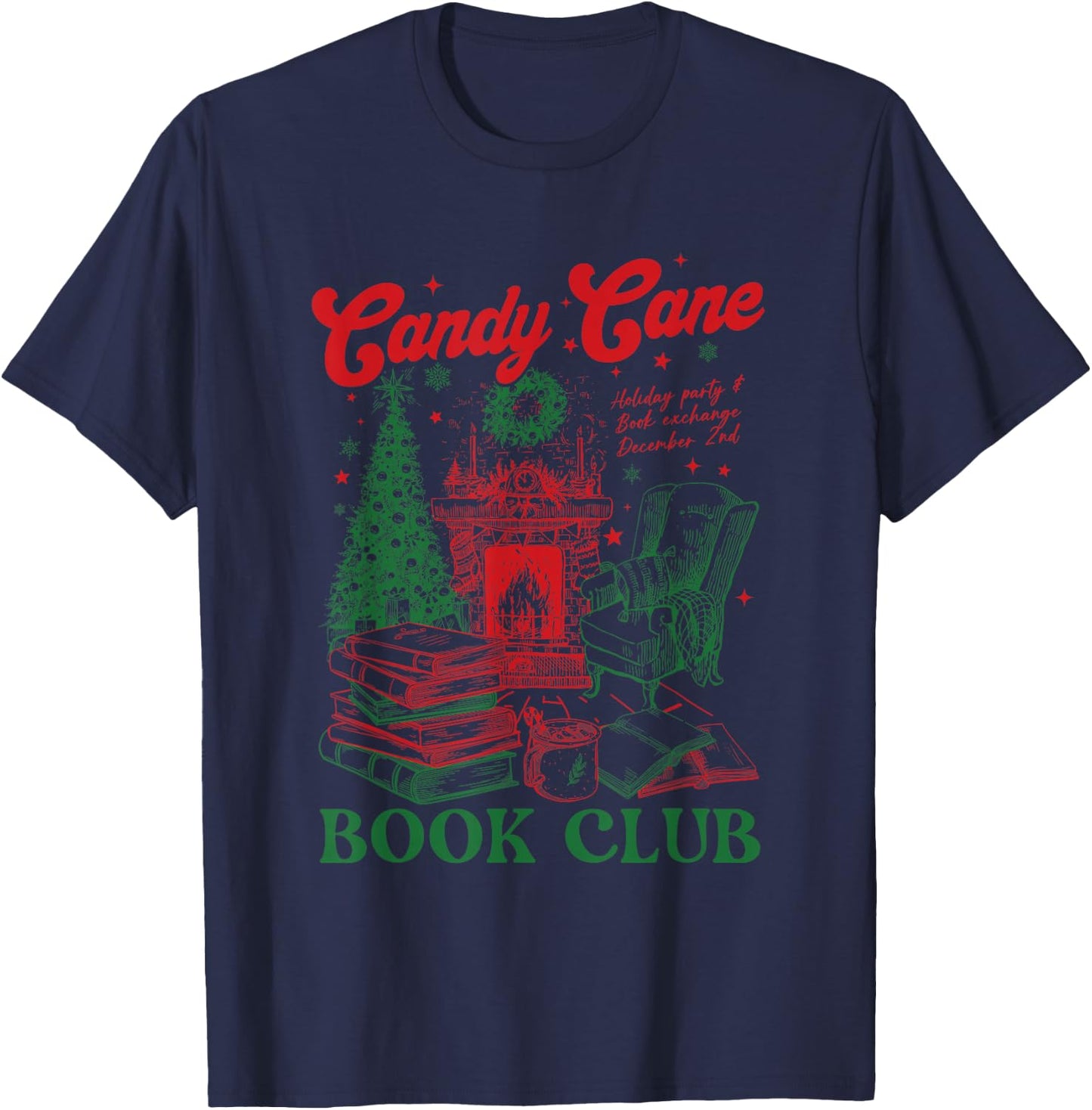 Bookish Christmas Candy Cane Book Club Book Love Winter T-Shirt - T-Shirt | Navy