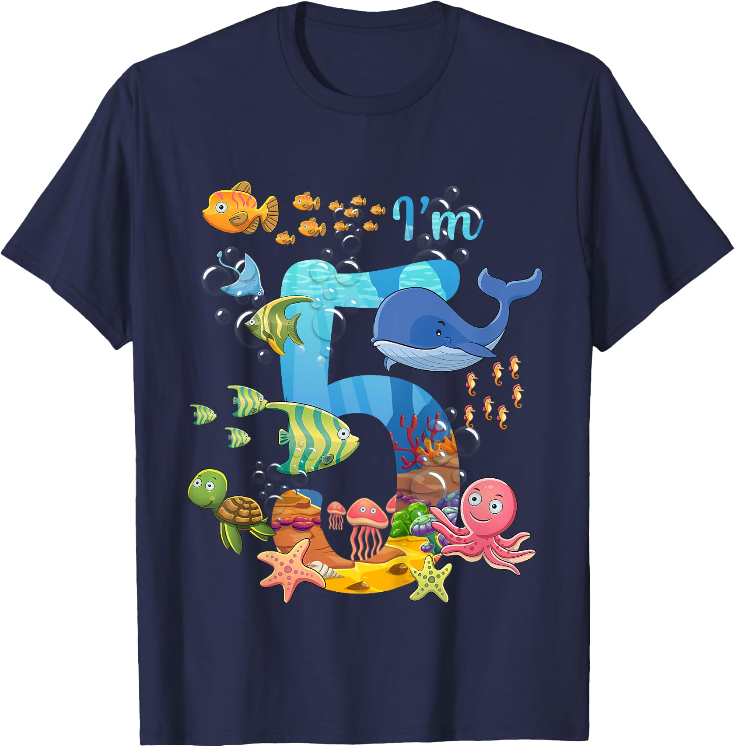 Kids 5 Years Old Whale Fish Ocean Theme 5th Birthday Boy Girl , black T-Shirt - T-Shirt | Navy