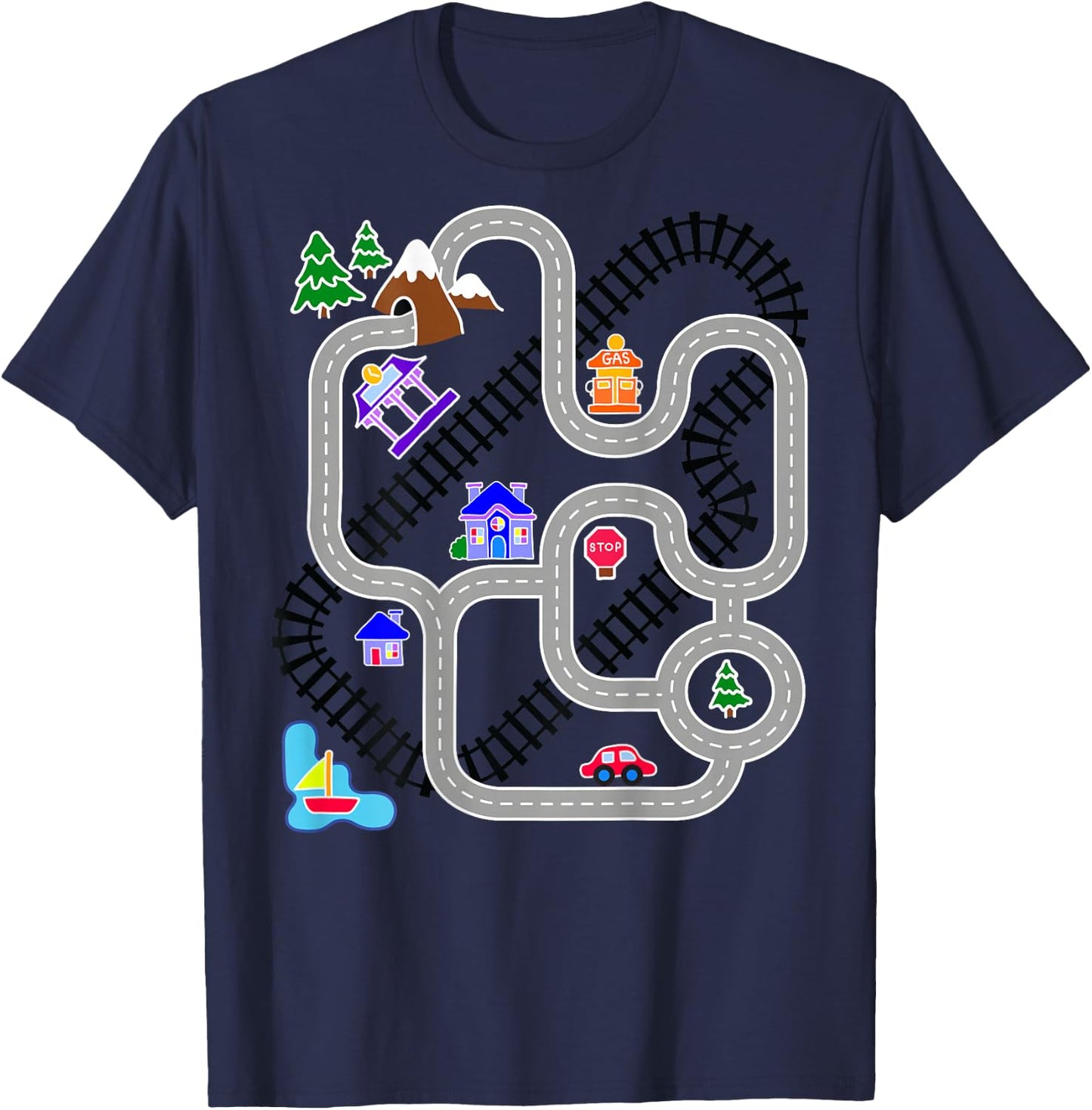 Novelty Gifts for Fathers Day, Car & Train Playmat Rug T-Shirt - T-Shirt | Navy