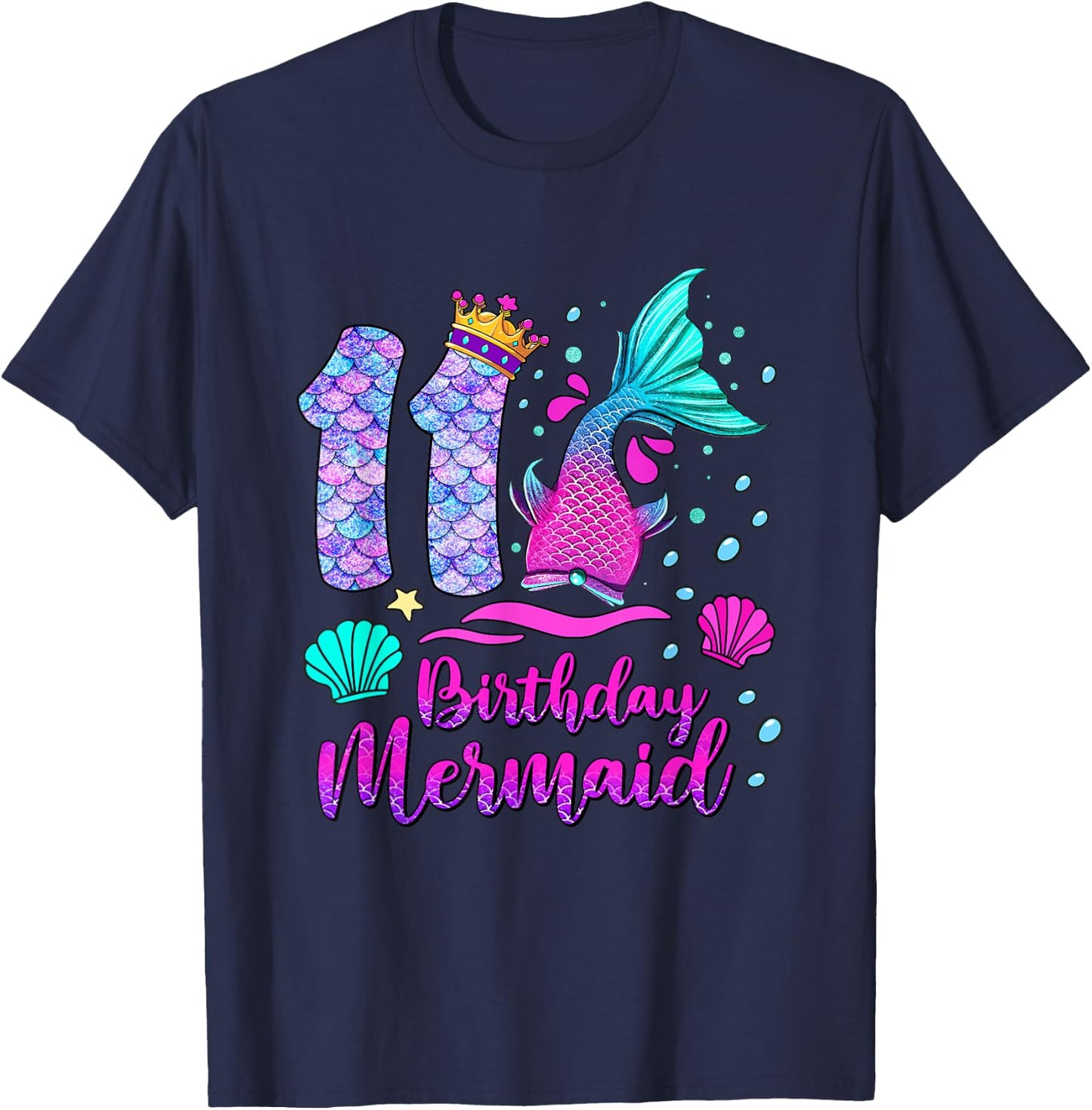11 Birthday Mermaid Kids Girls 11th Birthday 11 Years Old T-Shirt - T-Shirt | Navy