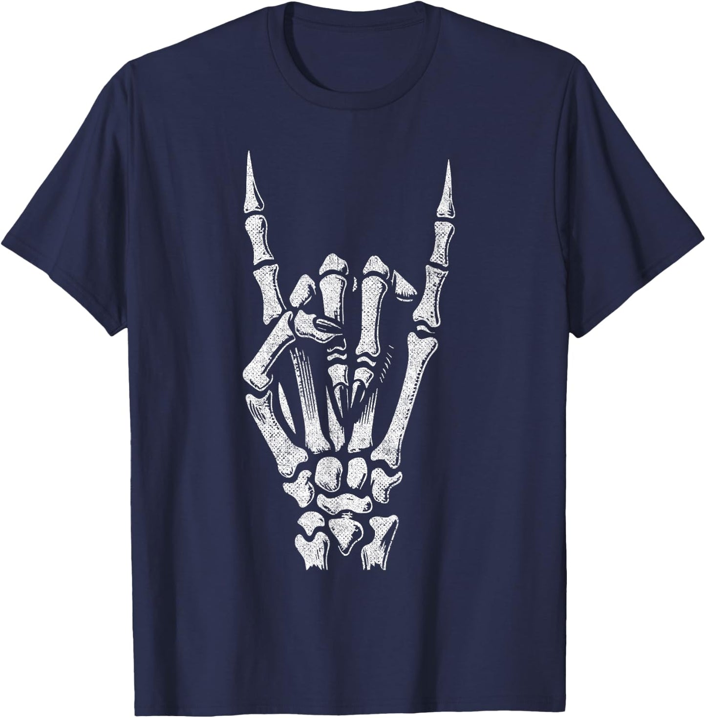 Skeleton Hand Rock Sign Gothic Devil Horns Graphic Halloween T-Shirt - T-Shirt | Navy