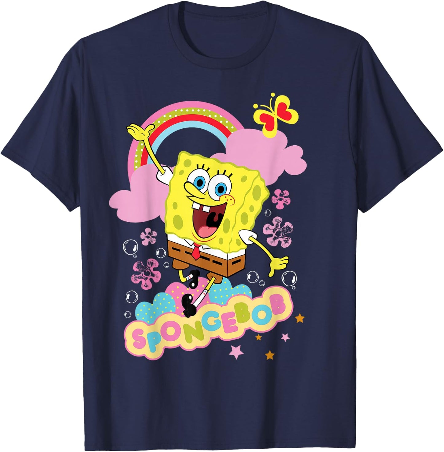 Spongebob Schwammkopf Blumen und Regenbogen T-Shirt - T-Shirt | Navy