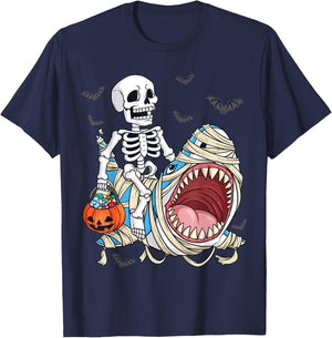 Skeleton Riding Mummy Shark Funny Halloween Pumpkin Kids T-Shirt - T-Shirt | Navy