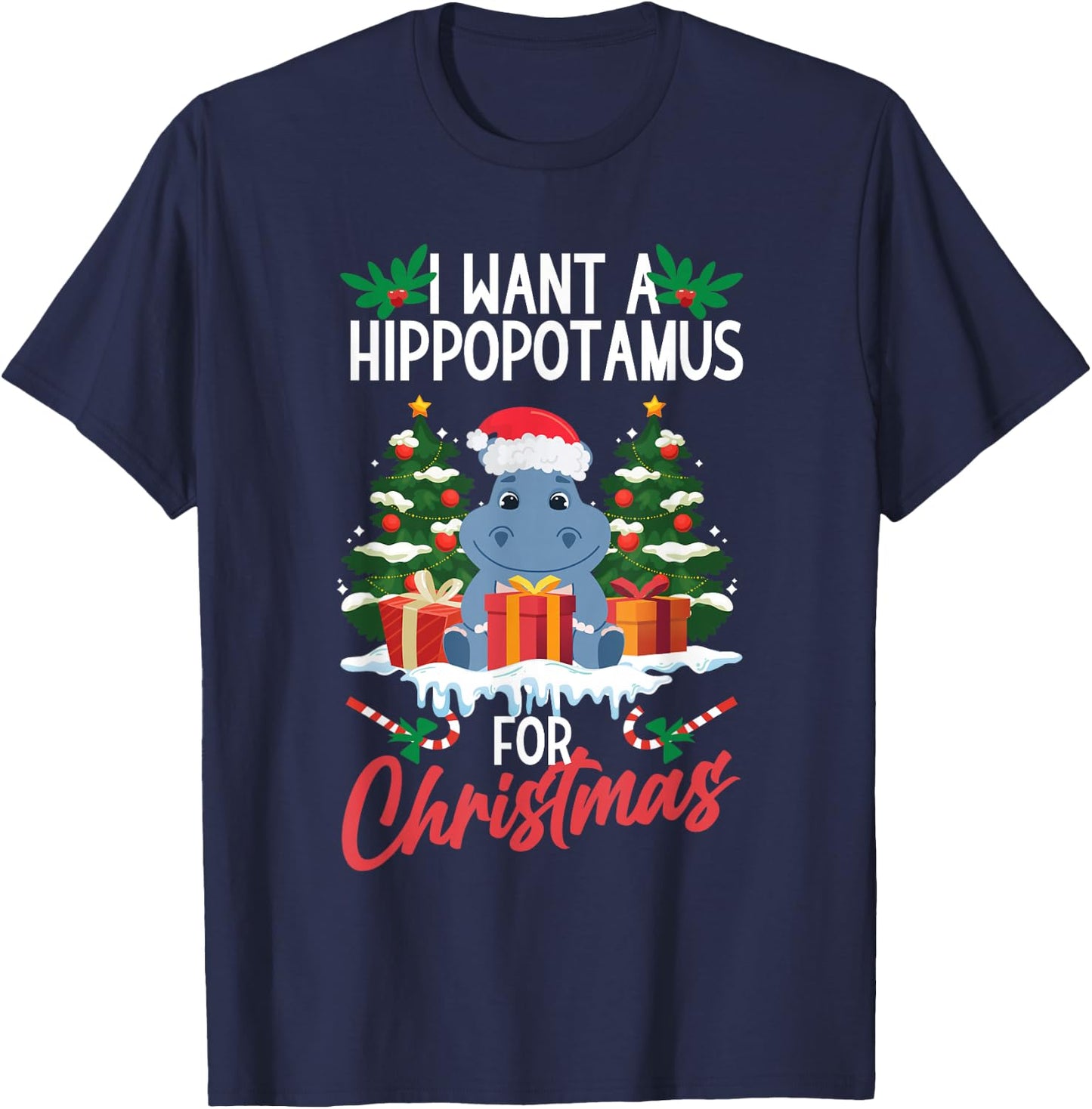 Hippopotamus Merry Christmas Santa Xmas Family Adults Kids T-Shirt - T-Shirt | Navy