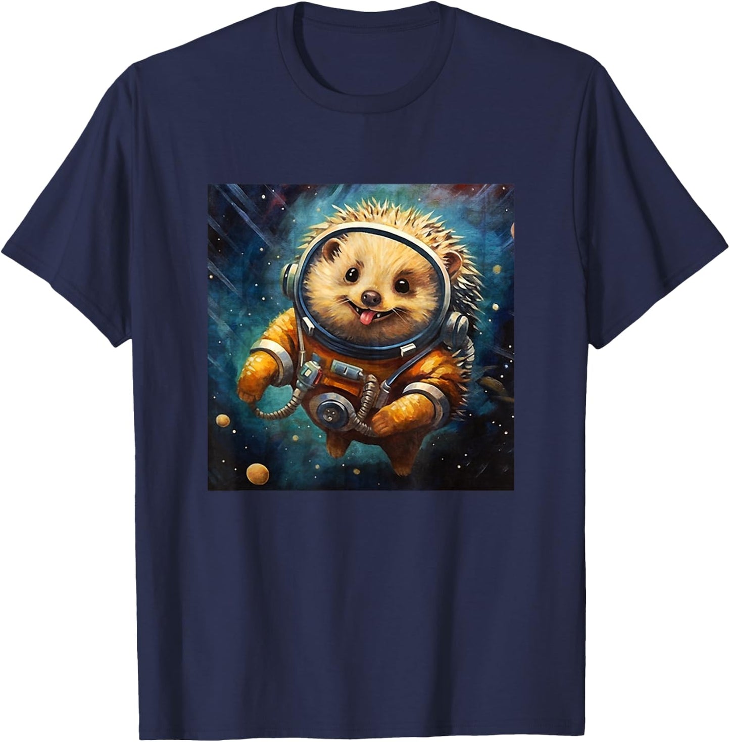 Colorful Sketch Oil Painting Of A Hedgehog In Space Funny T-Shirt - T-Shirt | Navy