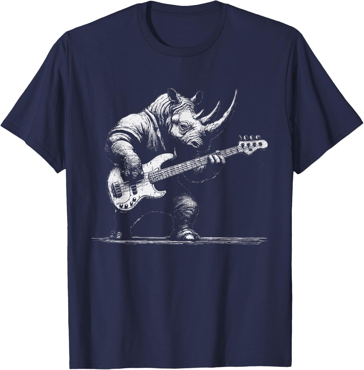 Rock Rhino Playing Bass Guitar - Funny Guitar Rhino Music T-Shirt - T-Shirt | Navy