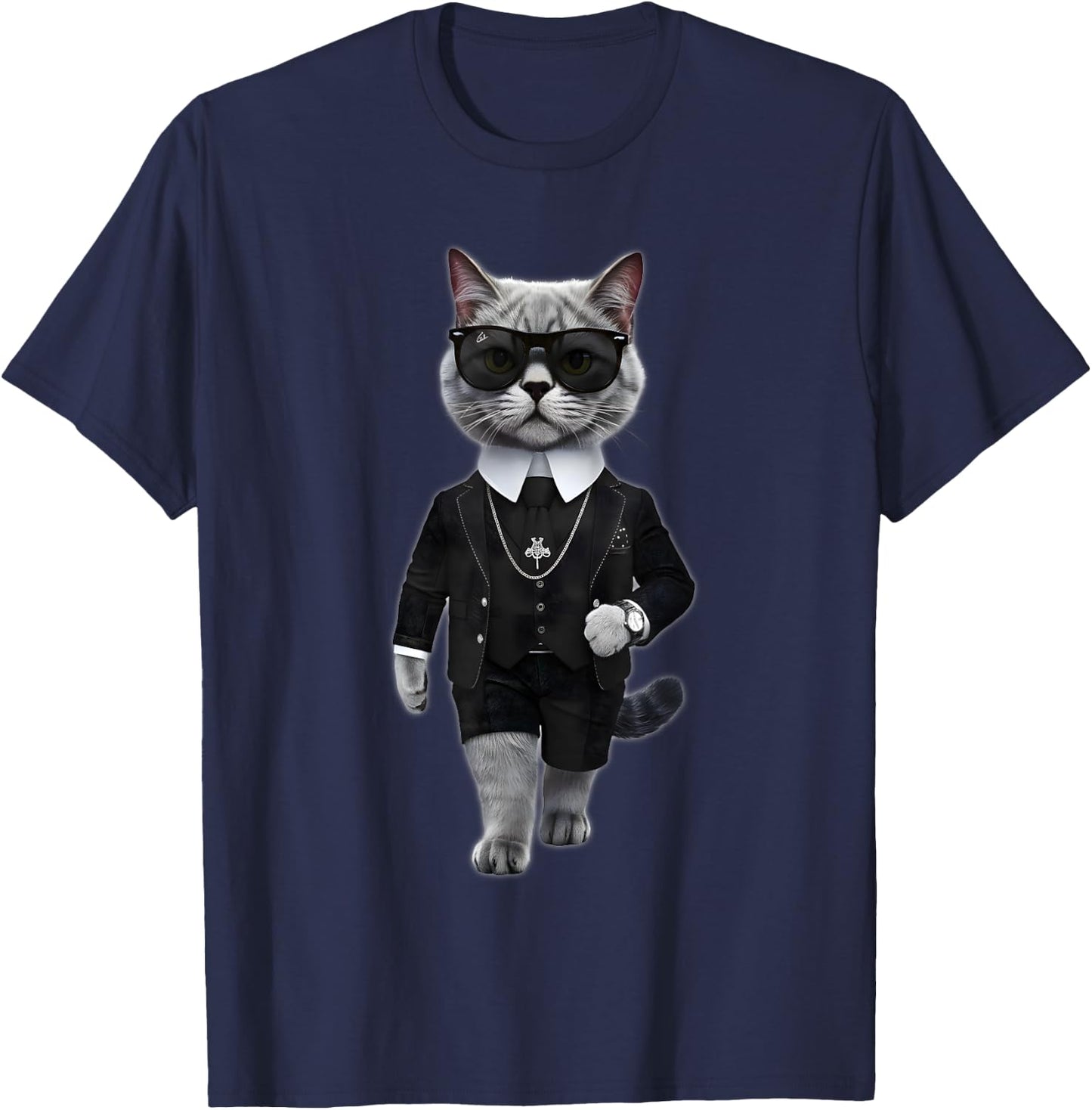 Cat in Lagerfeld Style with Sunglasses , black T-Shirt - T-Shirt | Navy