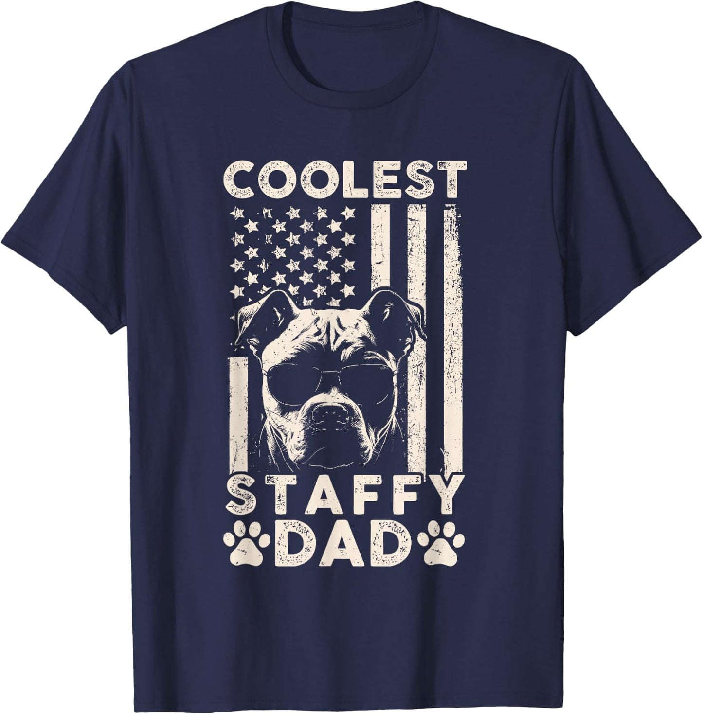 Coolest Staffy Dad Vintage American Flag Funny Fathers Day T-Shirt - T-Shirt | Navy
