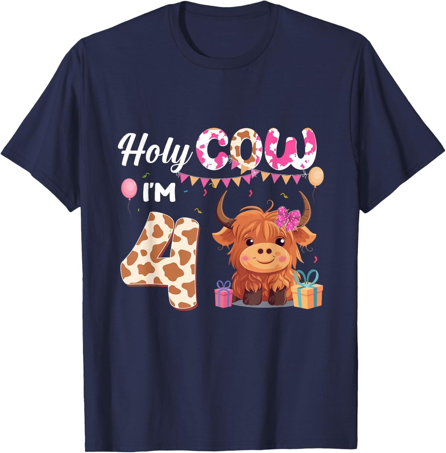 Holy Cow I'm 4 Year Old Birthday Highland Cow 4th Bday Kid T-Shirt - T-Shirt | Navy