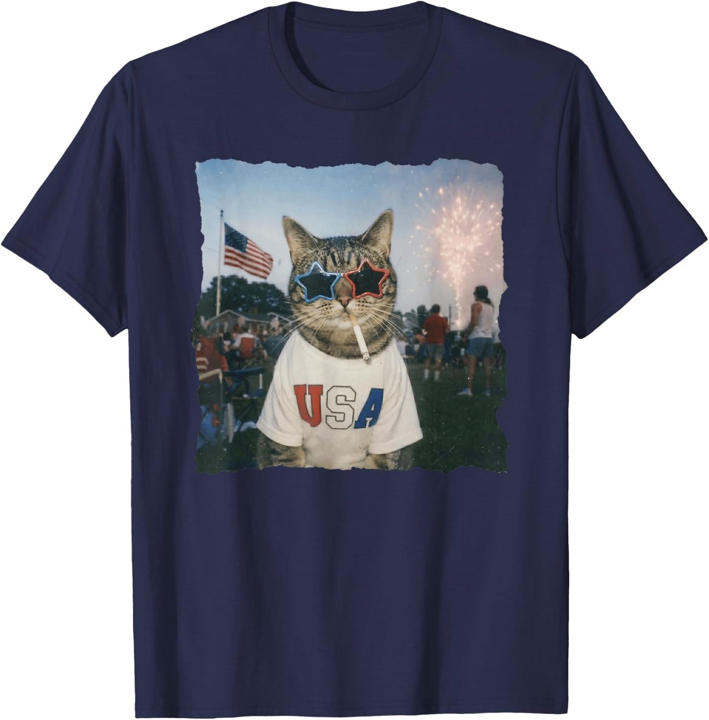 Patriotic Cat Wears USA 4th of July T-Shirt - T-Shirt | Navy