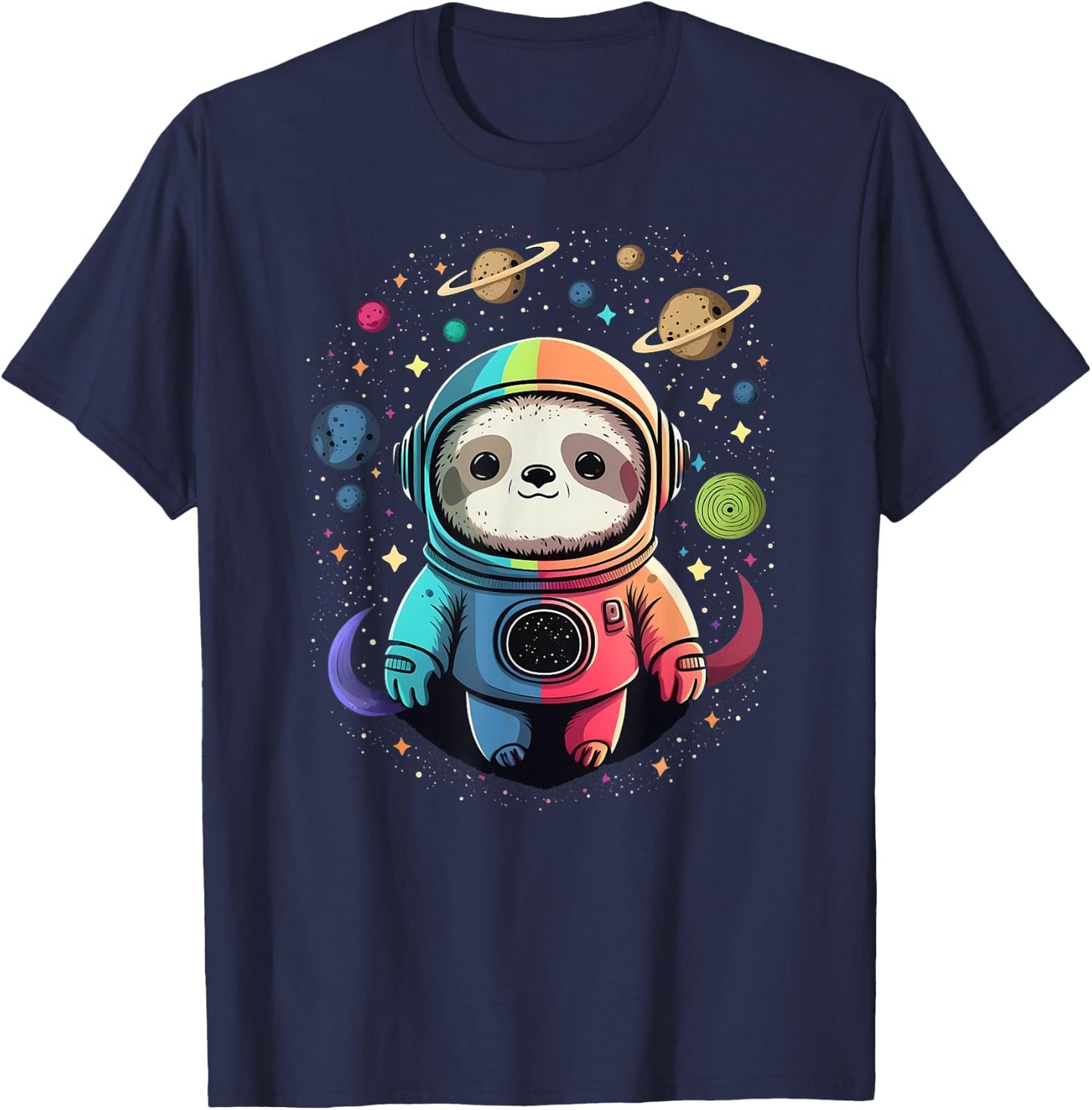 Cute Kawaii Sloth Astronaut in Outer Space Cosmic Colors T-Shirt - T-Shirt | Navy