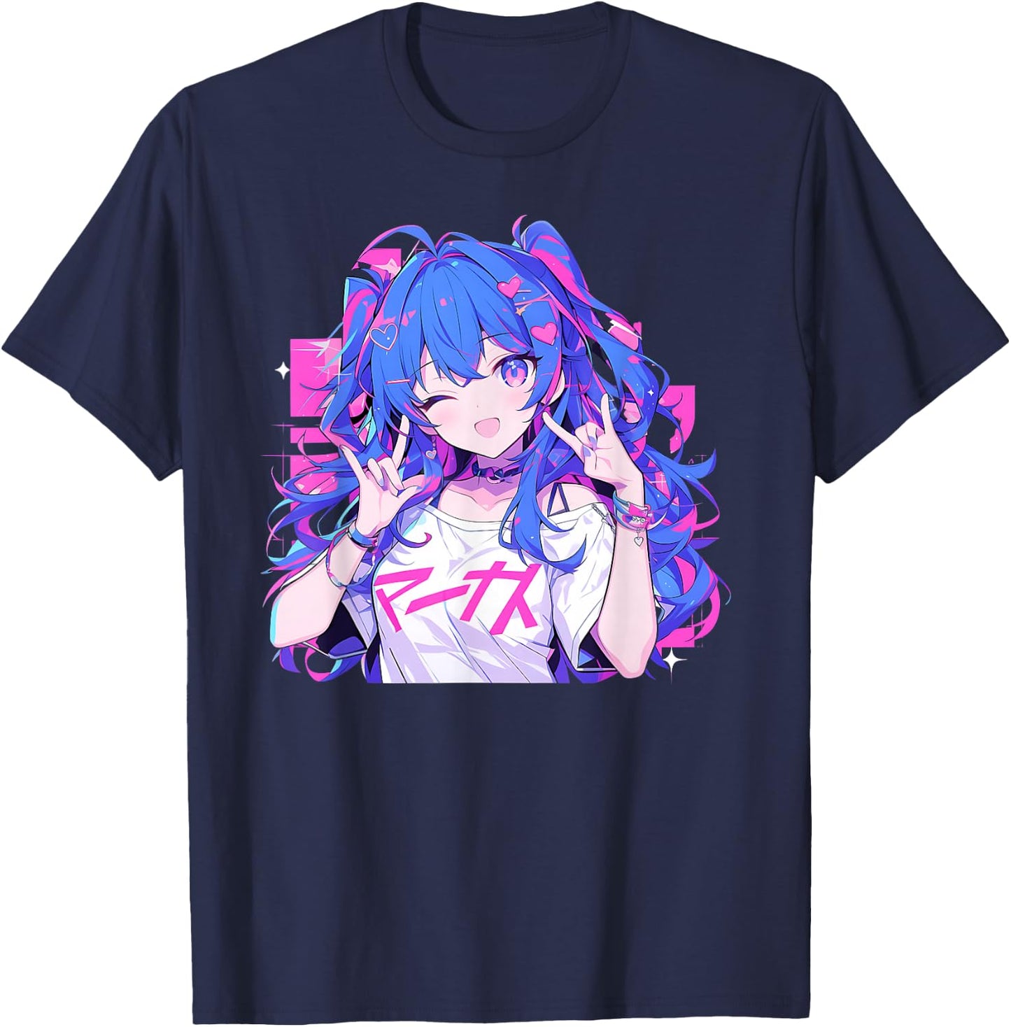 Anime Waifu Cute Manga Cat Girl Cute Retro Japanese , Black, S T-Shirt - T-Shirt | Navy