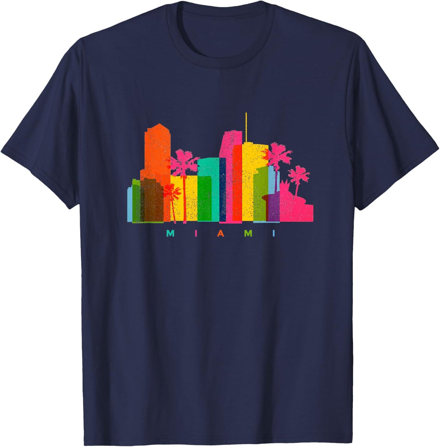 Miami Skyline Retro Colourful Florida Palm Trees Beach Gift T-Shirt - T-Shirt | Navy