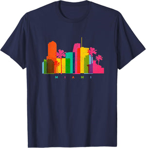 Miami Skyline Retro Colourful Florida Palm Trees Beach Gift T-Shirt - T-Shirt | Navy