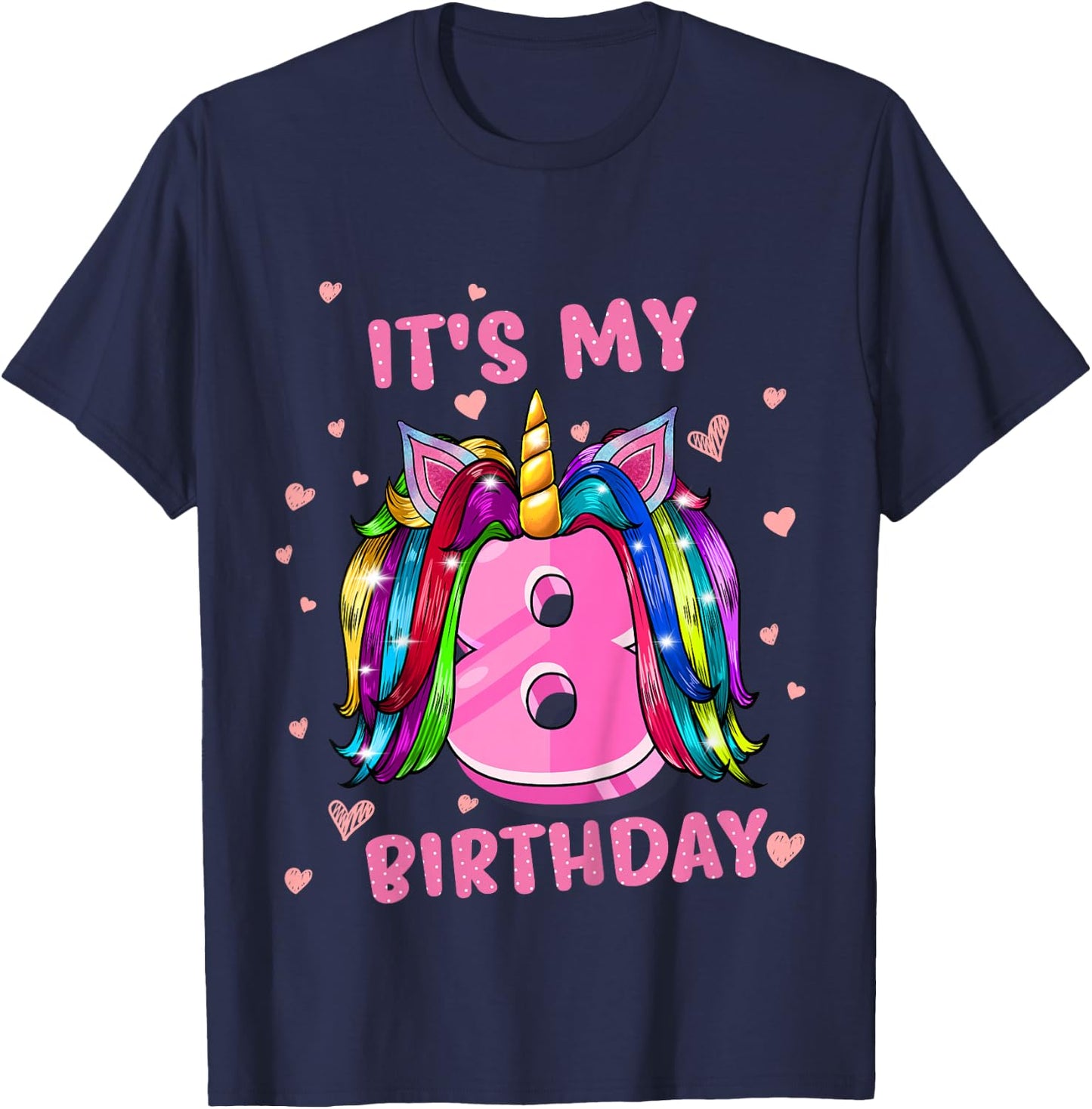 Kids Unicorn Hair It's My 8 Birthday T-Shirt - T-Shirt | Navy