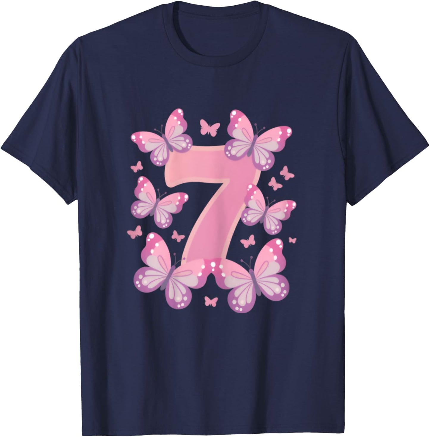 7th Birthday Girl 7th Birthday Butterflies 7 Years , black T-Shirt - T-Shirt | Navy