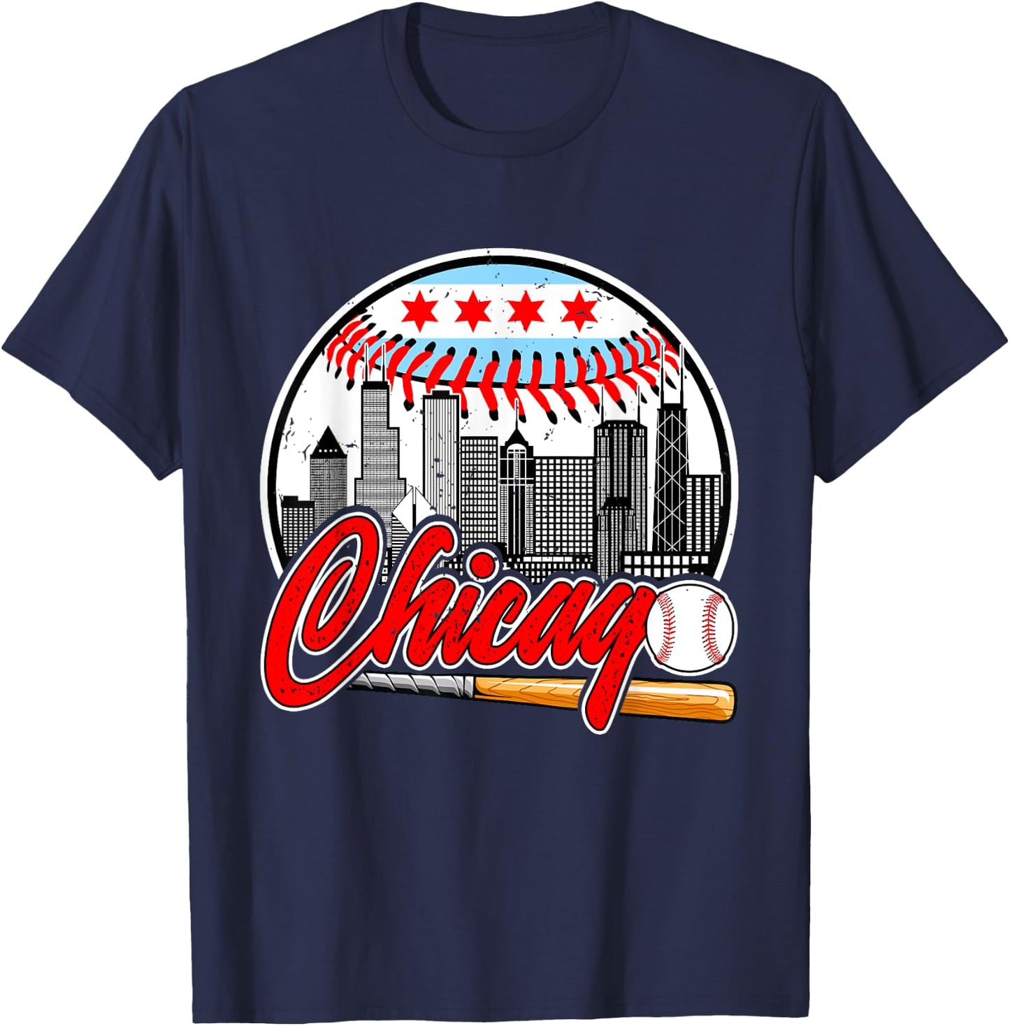 Vintage Chicago Design Funny Baseball Lover Player T-Shirt - T-Shirt | Navy