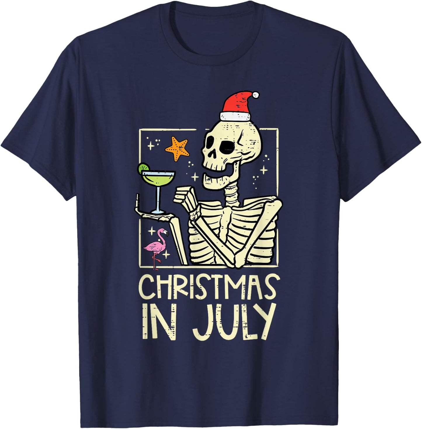 Christmas July Skeleton Flamingo Funny Summer Xmas Women Men T-Shirt - T-Shirt | Navy