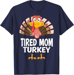 Thanksgiving Tired Mom Turkey Matching Pajama T-Shirt - T-Shirt | Navy