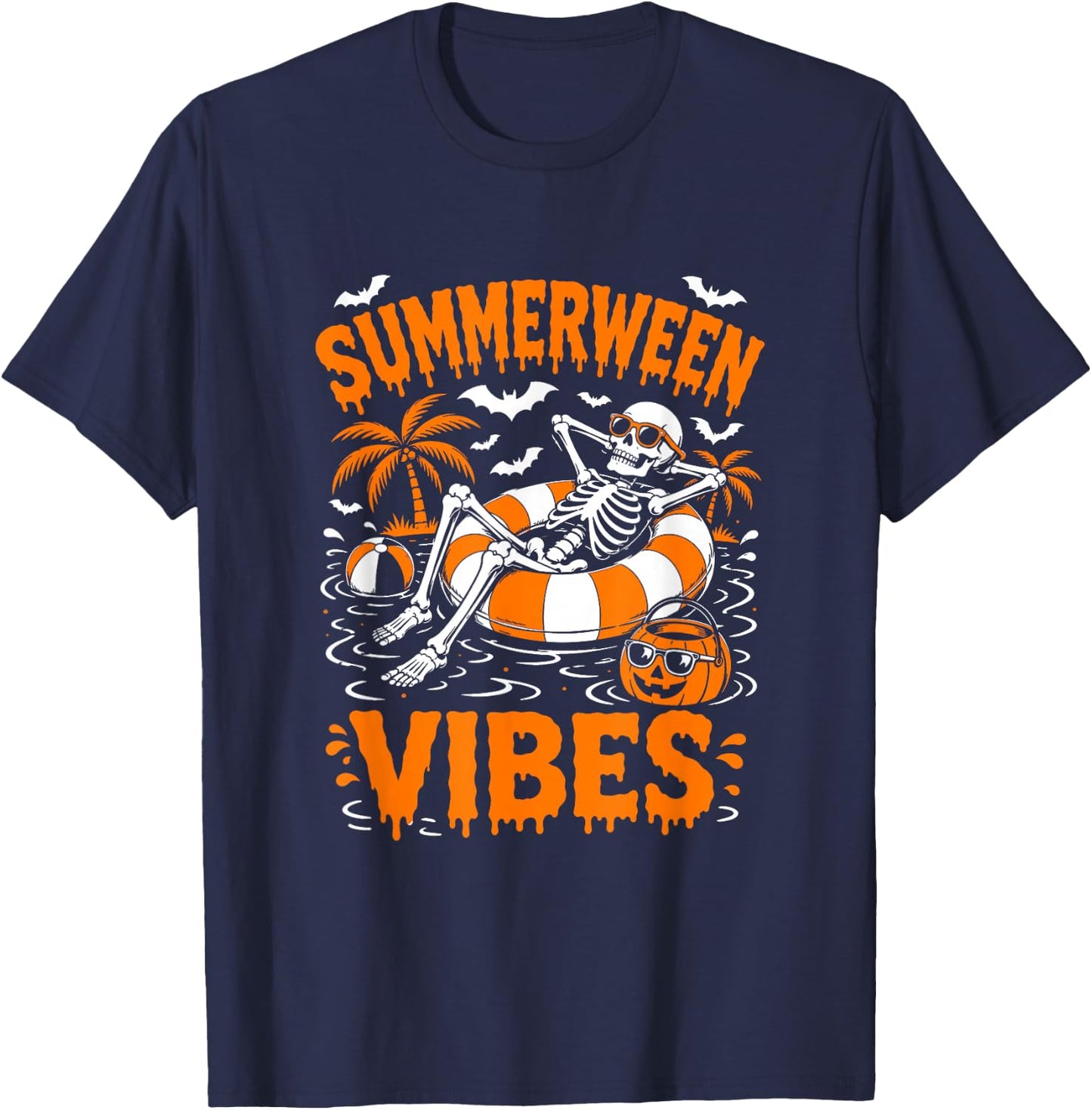Summerween Vibes Skeleton Floating Pool Pumpkin Halloween T-Shirt - T-Shirt | Navy