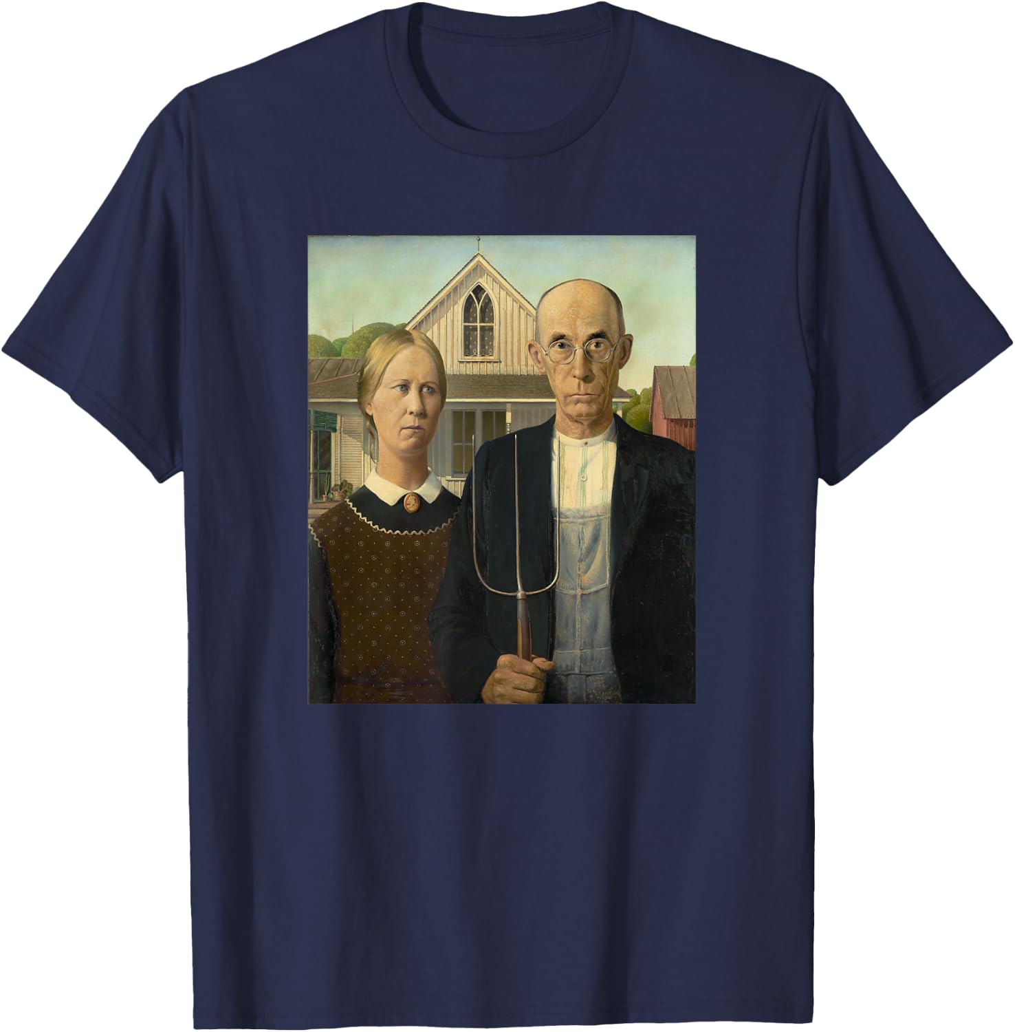 Grant Wood's American Gothic Fine Art Painting Farmers Farm T-Shirt - T-Shirt | Navy