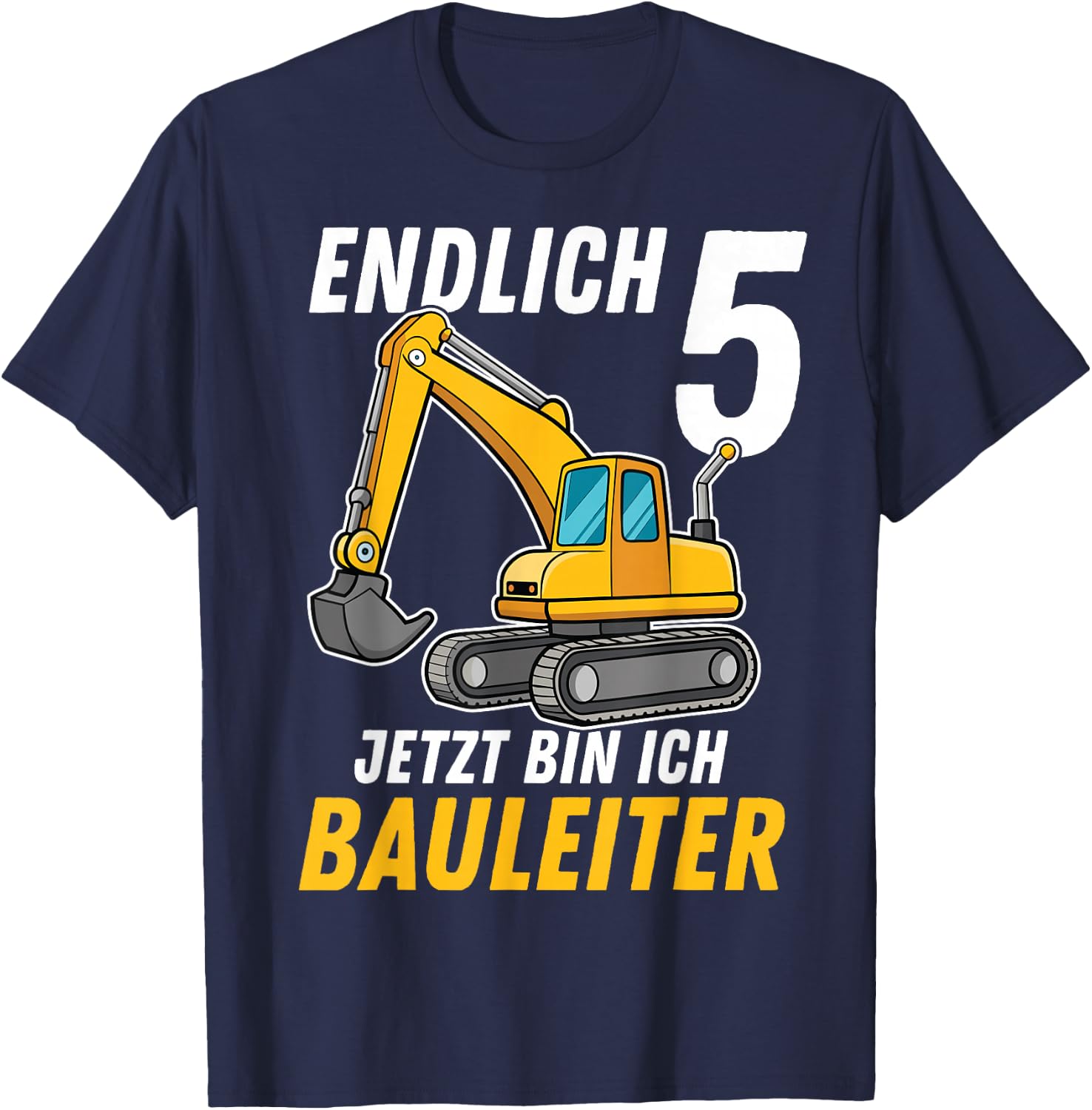Children's 5th Birthday Boy Decoration Digger Birthday 5 Years , black T-Shirt - T-Shirt | Navy