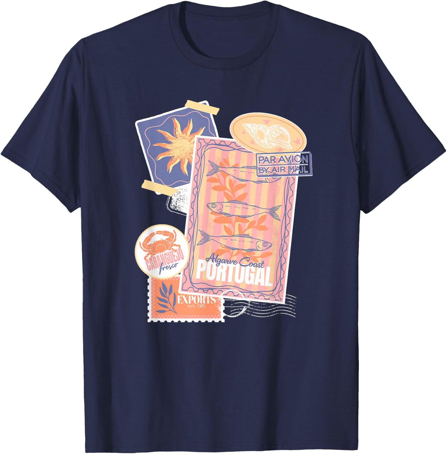 Vintage Postcard and Stamp Aesthetic Collage Travel Vacation T-Shirt - T-Shirt | Navy