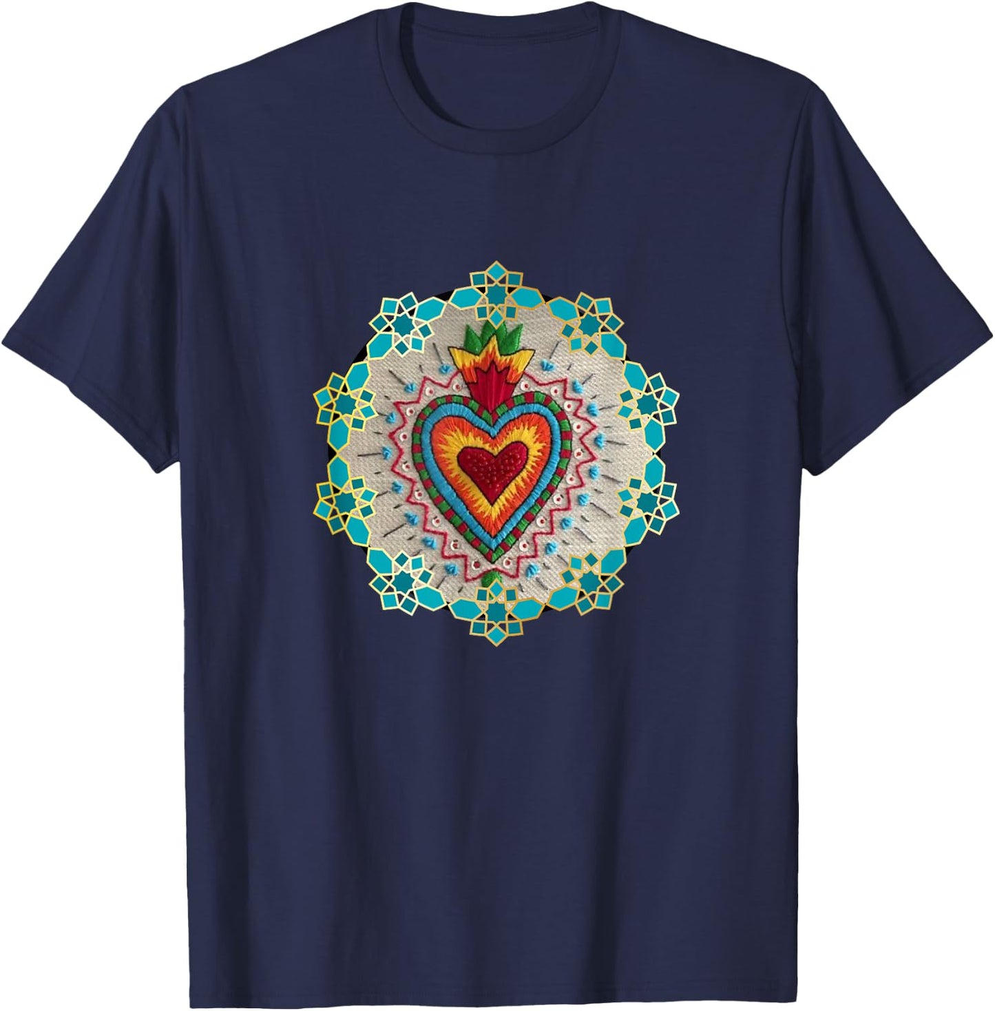 Retro Sacred Heart Mexican Folk Art Tops Sagrado Corazón MX T-Shirt - T-Shirt | Navy