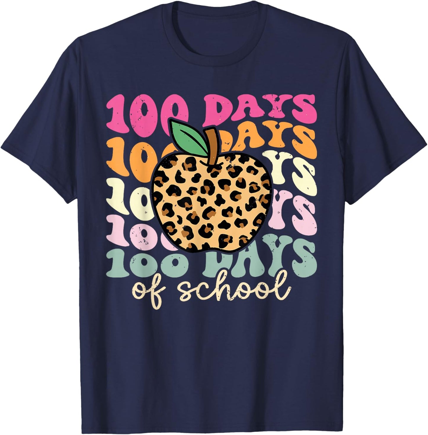 Retro 100 Days of School Leopard Teacher 100th Day of School T-Shirt - T-Shirt | Navy