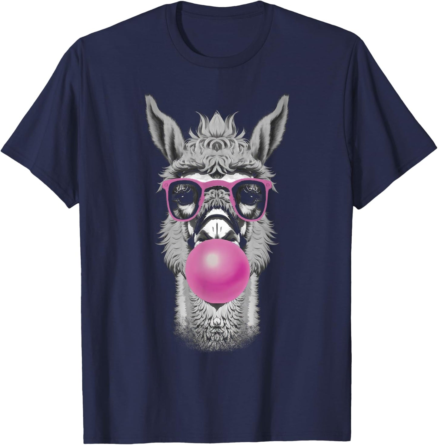 Llama Alpaca Bubble Gum Wearing Glasses T-Shirt - T-Shirt | Navy