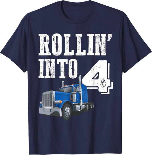 Rollin Into 4 Big Rig Semi Trailer Truck 4th Birthday T-Shirt - T-Shirt | Navy
