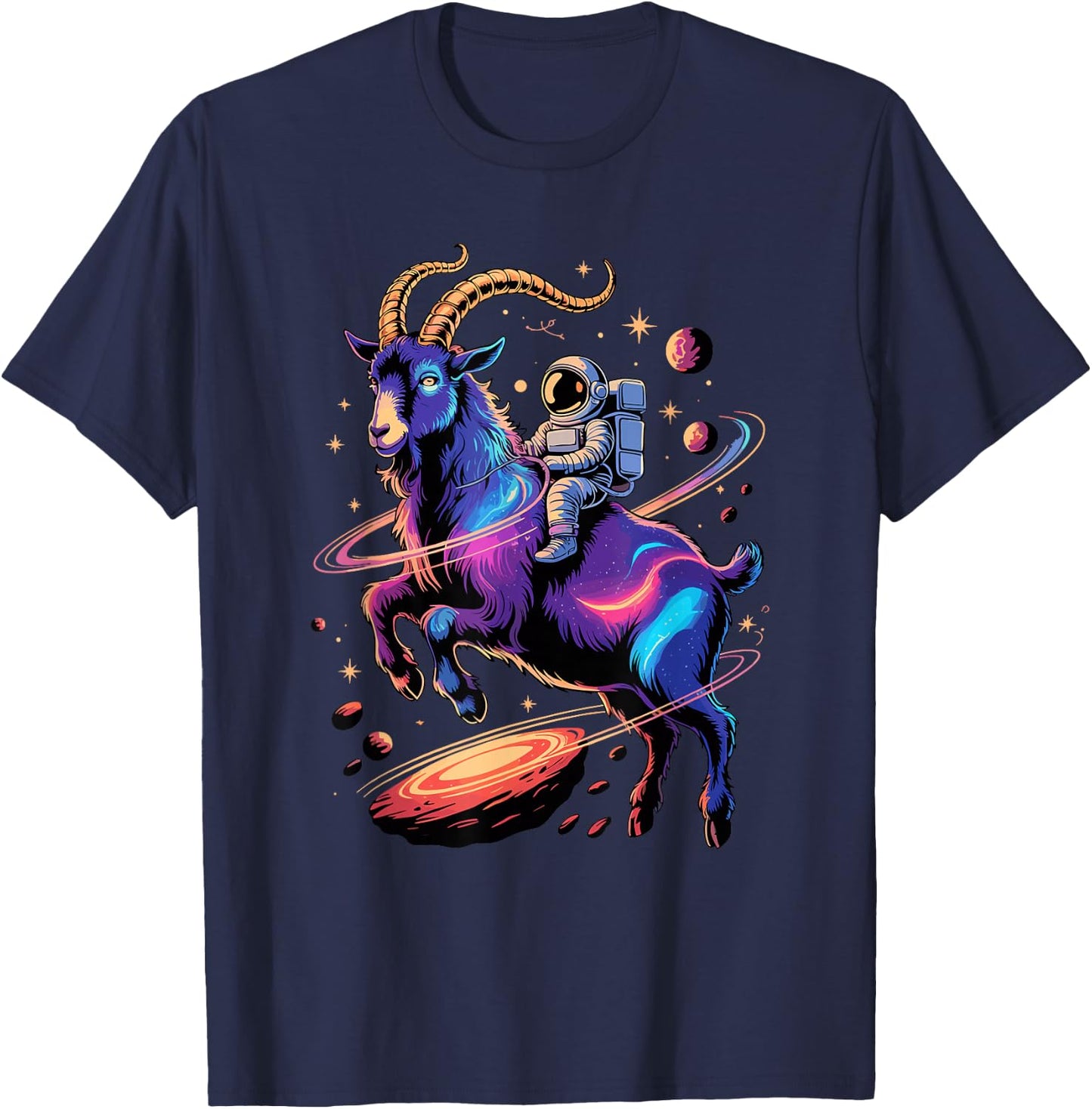 Astronaut Rides Goat Space Stars Comets Galaxy Planets T-Shirt - T-Shirt | Navy