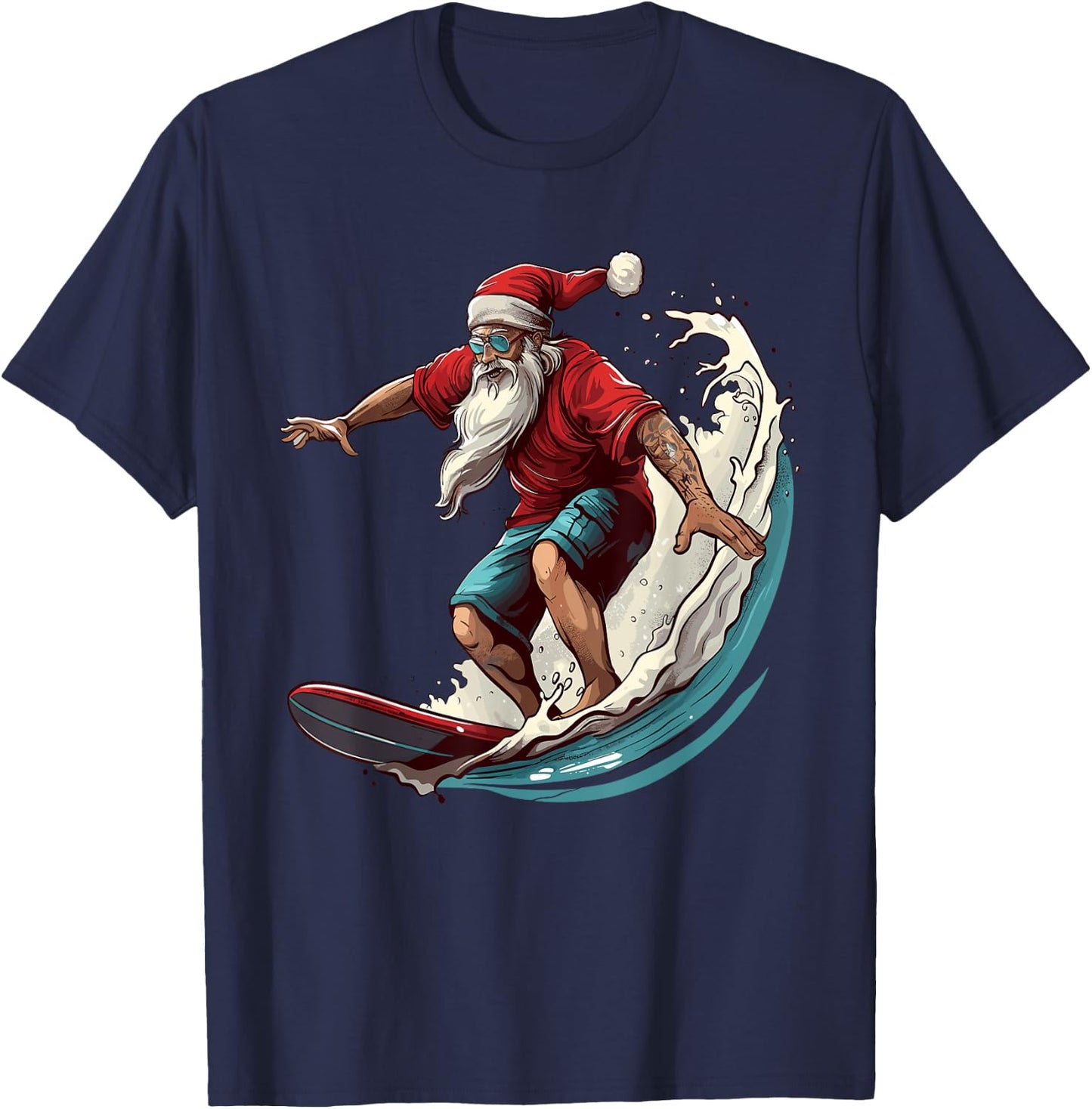 Christmas Surf Santa Claus Surfboarder Surf Lover Christmas T-Shirt - T-Shirt | Navy