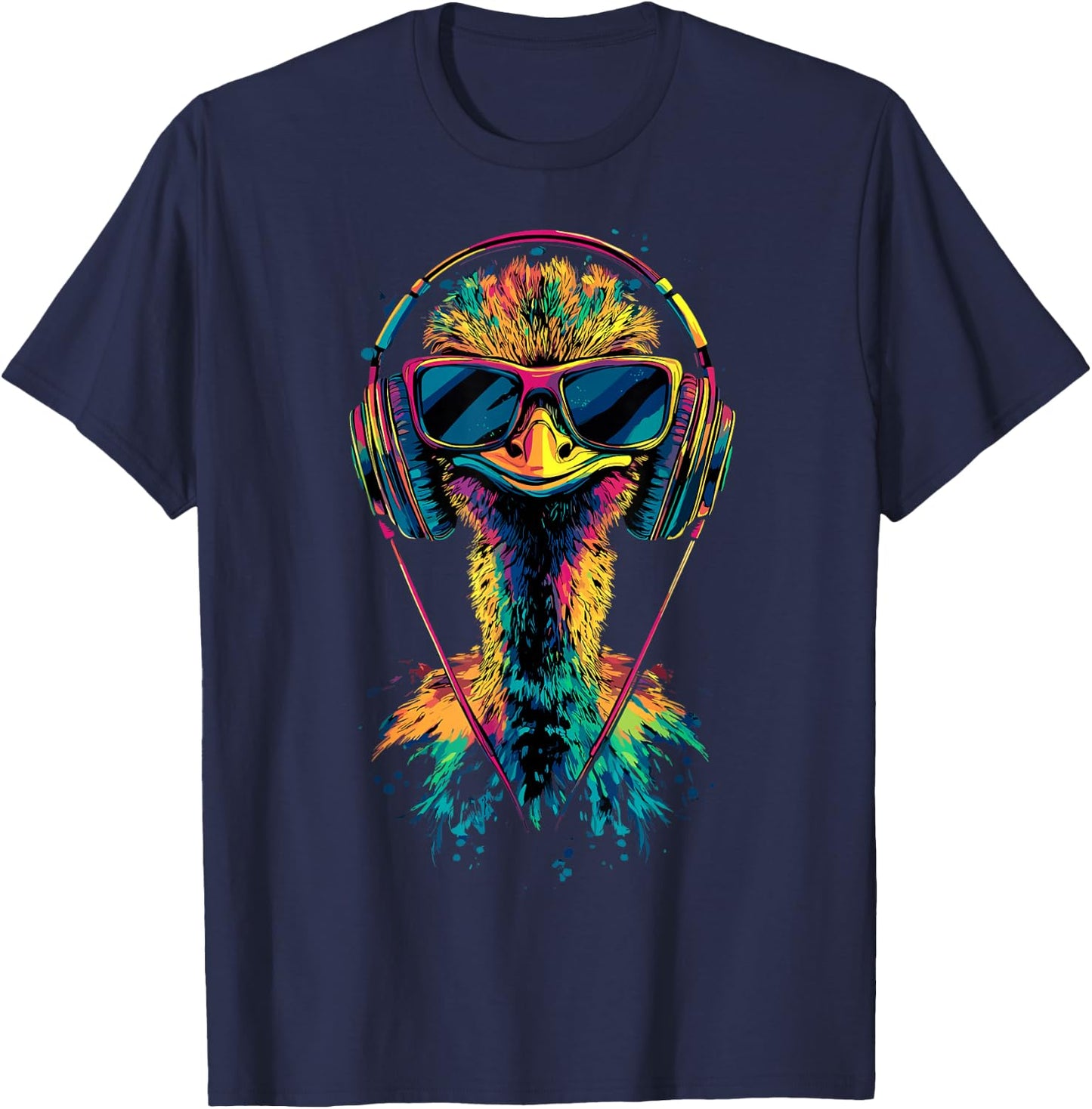 Strauss Bird Ostrich with Headphones Colourful Emu Music DJ Bouquets , black T-Shirt - T-Shirt | Navy