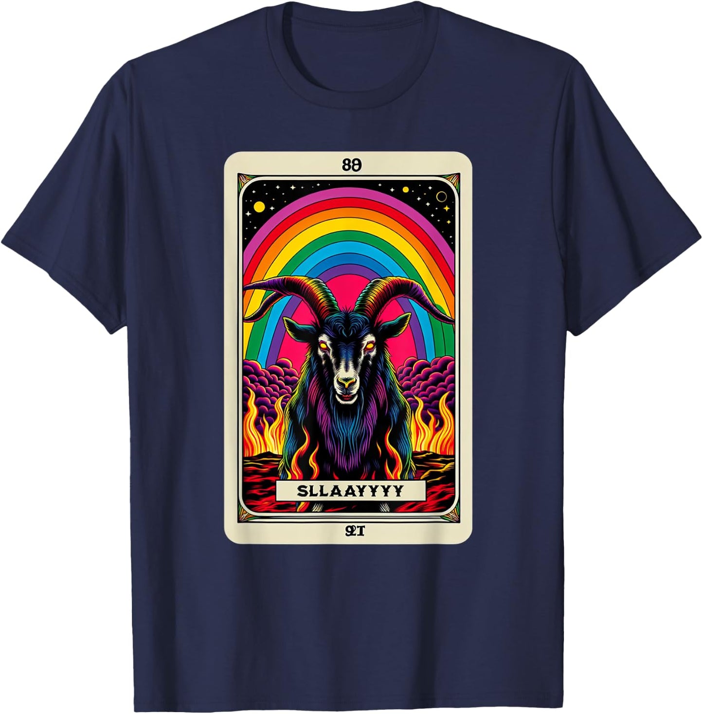 Slay Funny Rainbow Satanic Goat Tarot Card Demonic Dark T-Shirt - T-Shirt | Navy