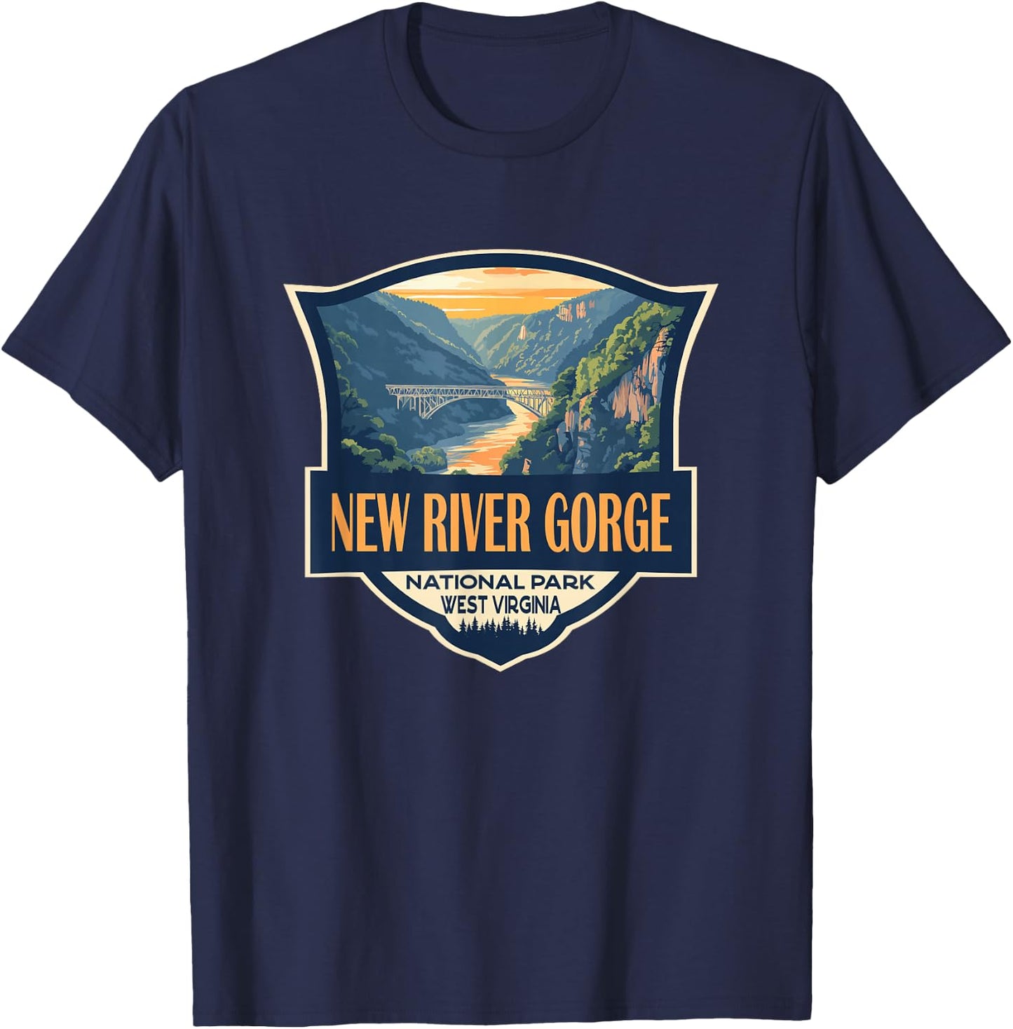 New River Gorge National Park Illustration Retro Badge T-Shirt - T-Shirt | Navy