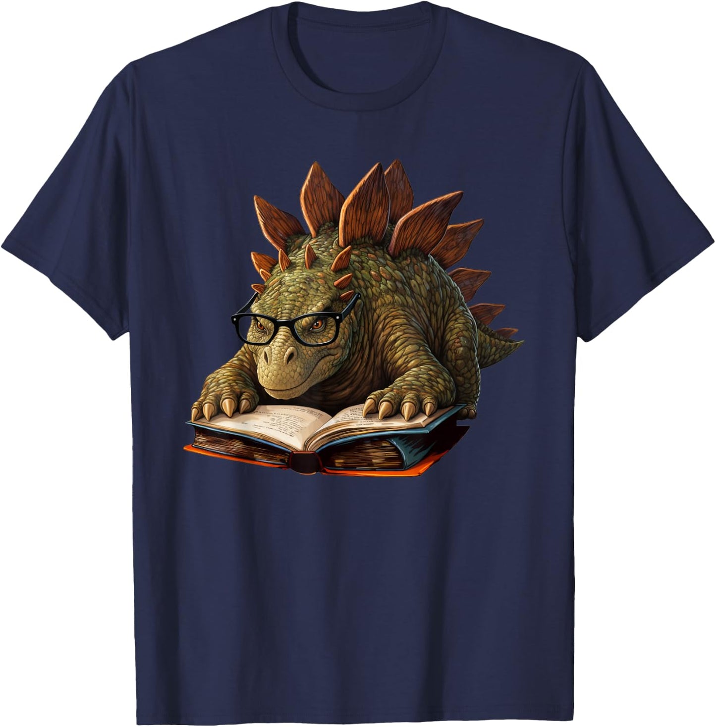 Stegosaurus Dinosaur Reading Book Nerd T-Shirt - T-Shirt | Navy